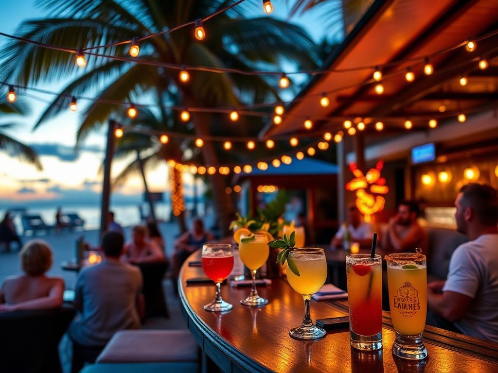 Festival cocktail bar with lounge seating at dusk
